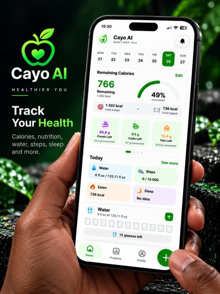 Cayo AI home dashboard showing remaining calories, protein, carbs and fats, plus today's water, steps, food eaten and sleep