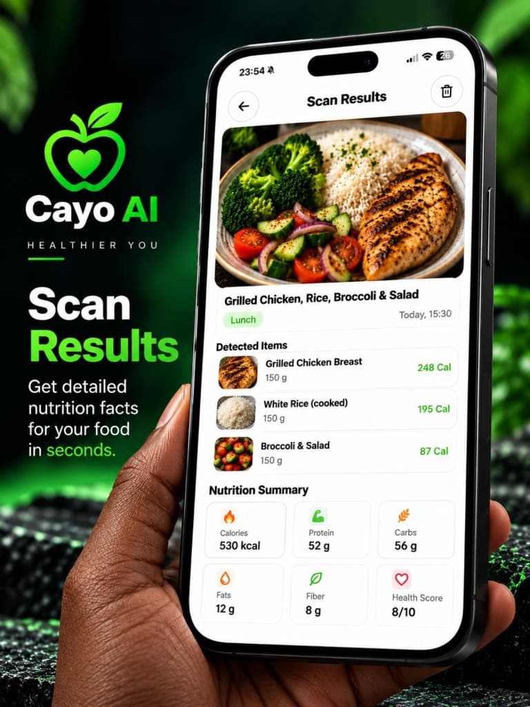 Cayo AI Scan Results screen listing detected food items with calories and a nutrition summary of calories, protein, carbs, fats, fiber and health score